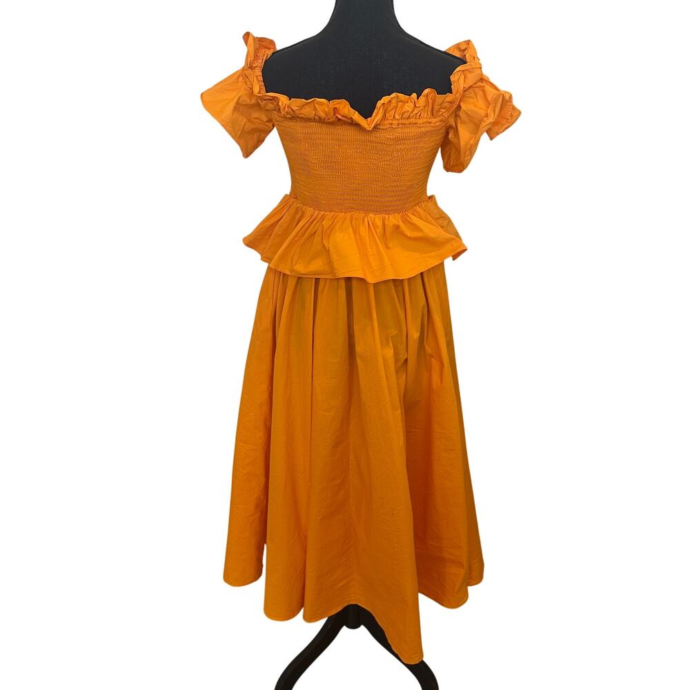 Toccin Orange Midi Dress MEDIUM Smocked Cottage Ruffle Cotton Designer $500 - Picture 10 of 11